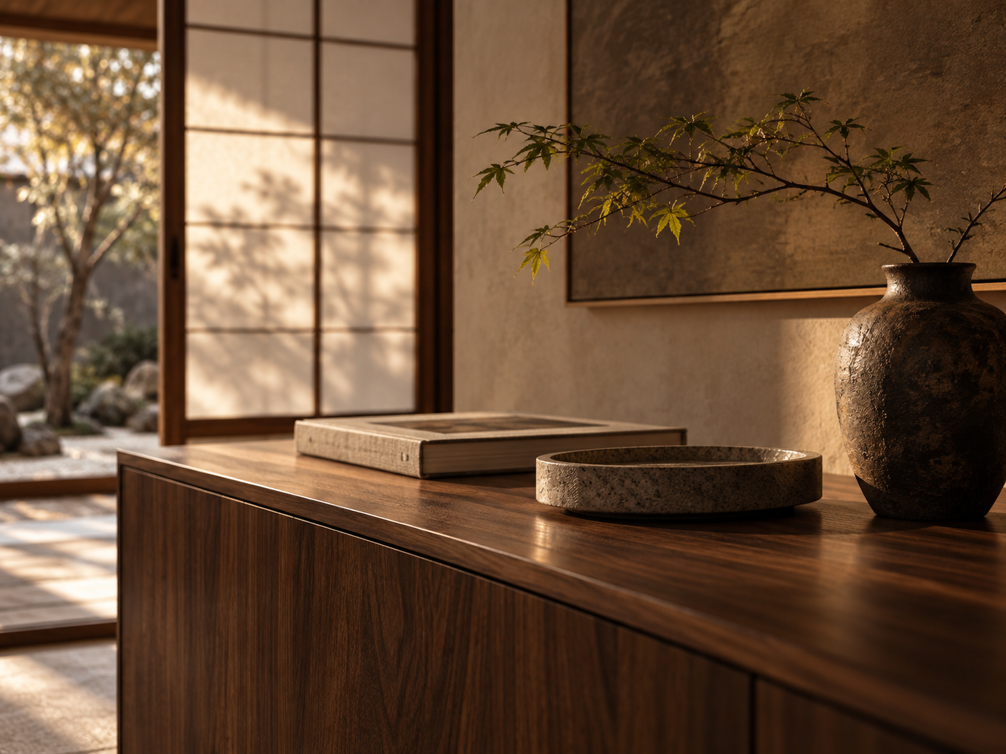 A small deliberate object grouping — a bound book, a stoneware tray, a sculptural vessel — on a dark walnut console in shoji-filtered light.