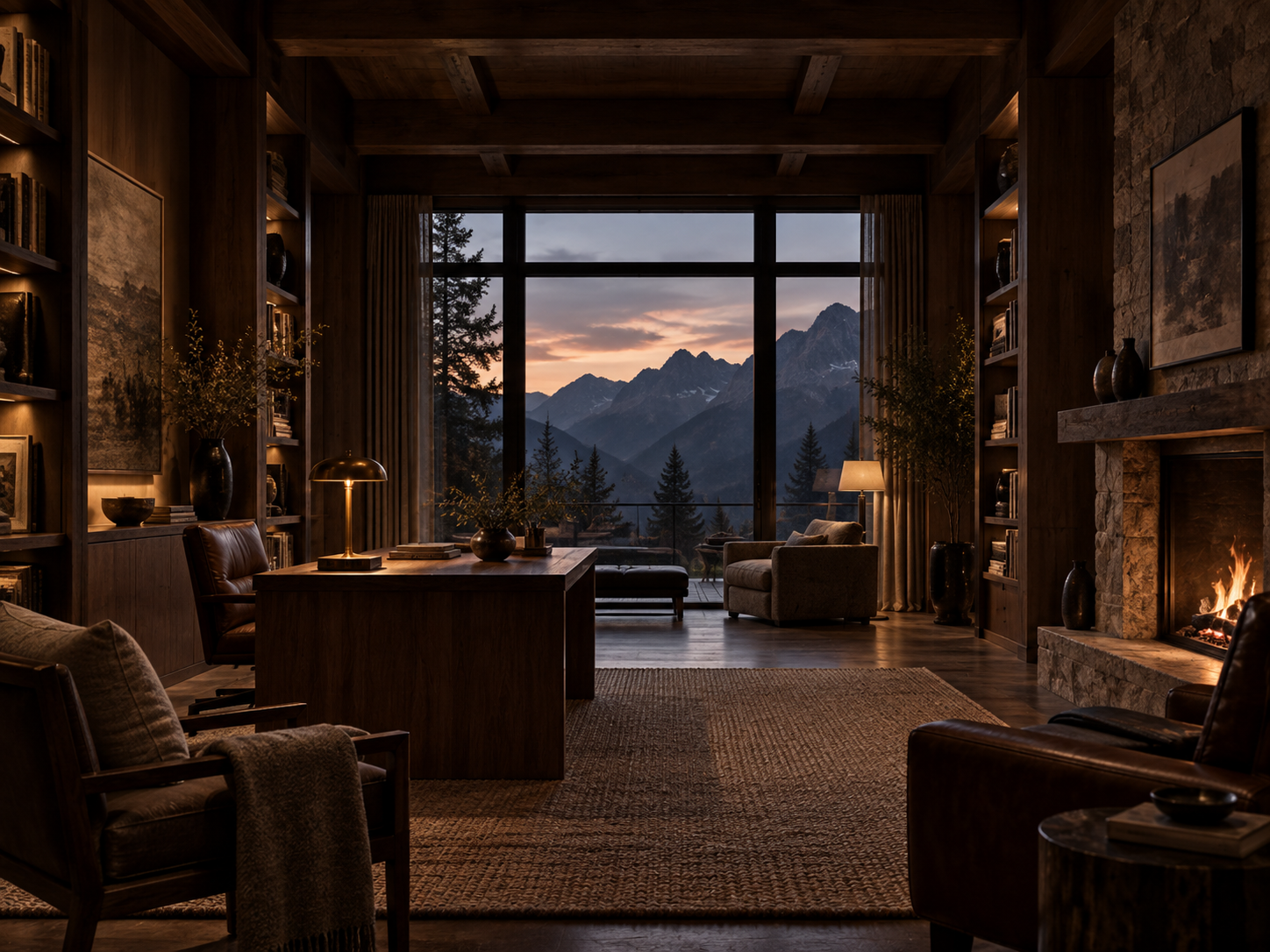 A long axial view down a North American mountain-lodge study at dusk, warm interior light against a darkening ridgeline.