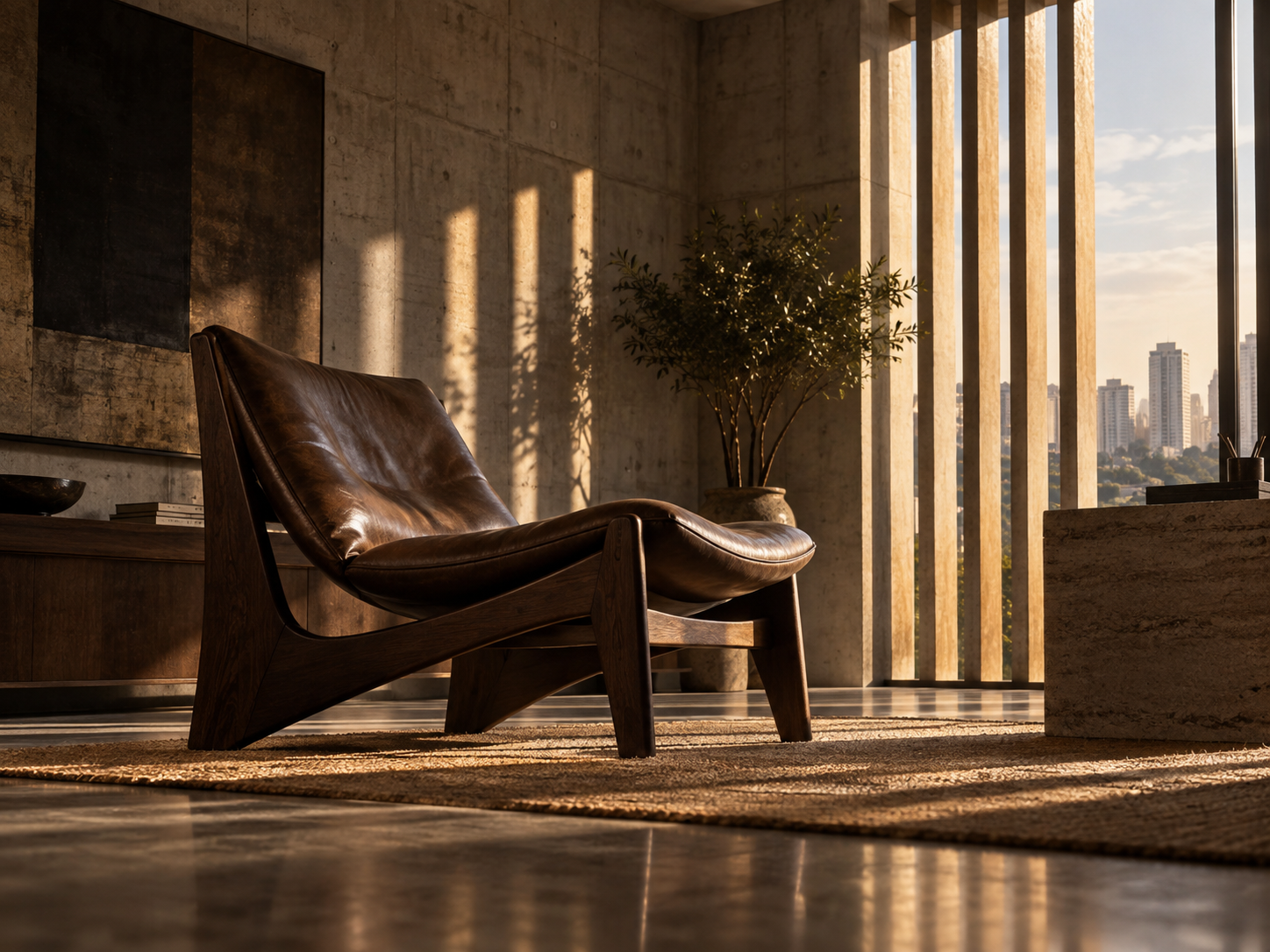 A single sculptural leather lounge chair in a modernist office with board-formed concrete walls and brise-soleil light.