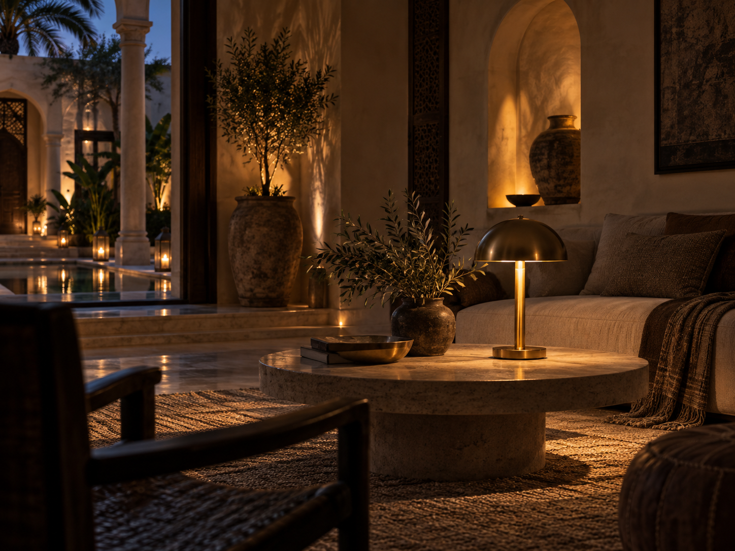 A layered evening light study in a riad-style reading room, anchored by a freestanding brass lamp.