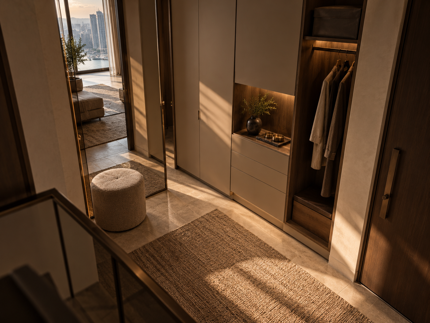 An elevated, downward-looking view of a compact dressing and entry alcove, revealing its fold-flush storage and mirrored depth.