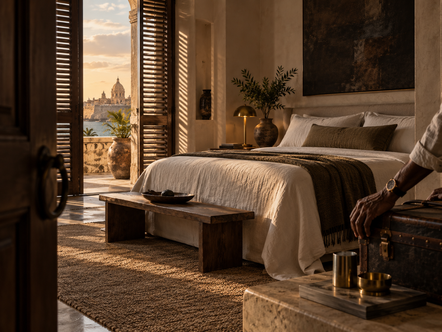 A threshold view into a golden-hour bedroom, a hand and forearm adjusting a weathered personal travel case on a dresser.