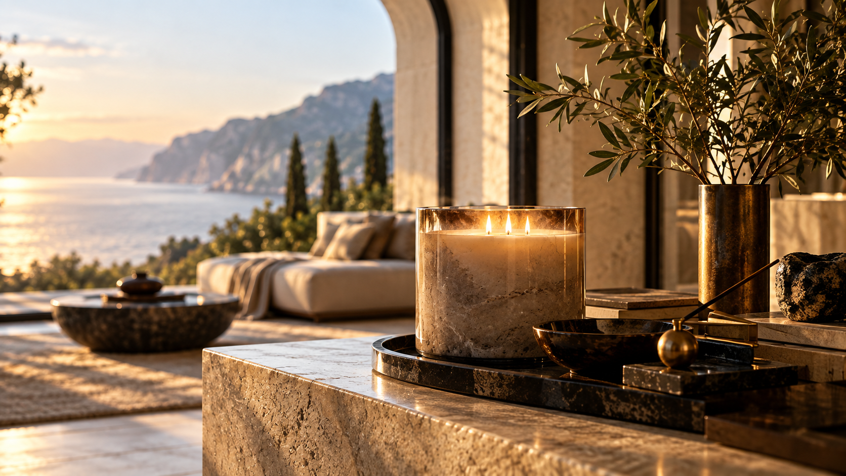 A coastal terrace at sunset with a lit three-wick candle and an olive branch anchoring the room's material language.