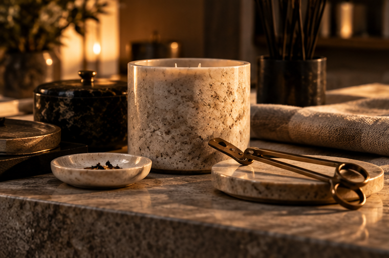 A restrained still-life of upkeep — wick-trimming tools, a cooled candle, and neatly stored incense, signaling disciplined ritual rather than chore.