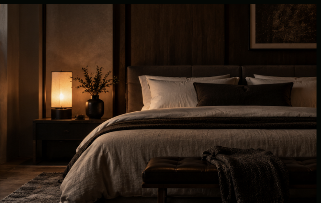 A rest-space bedroom composed for a calming fragrance register.