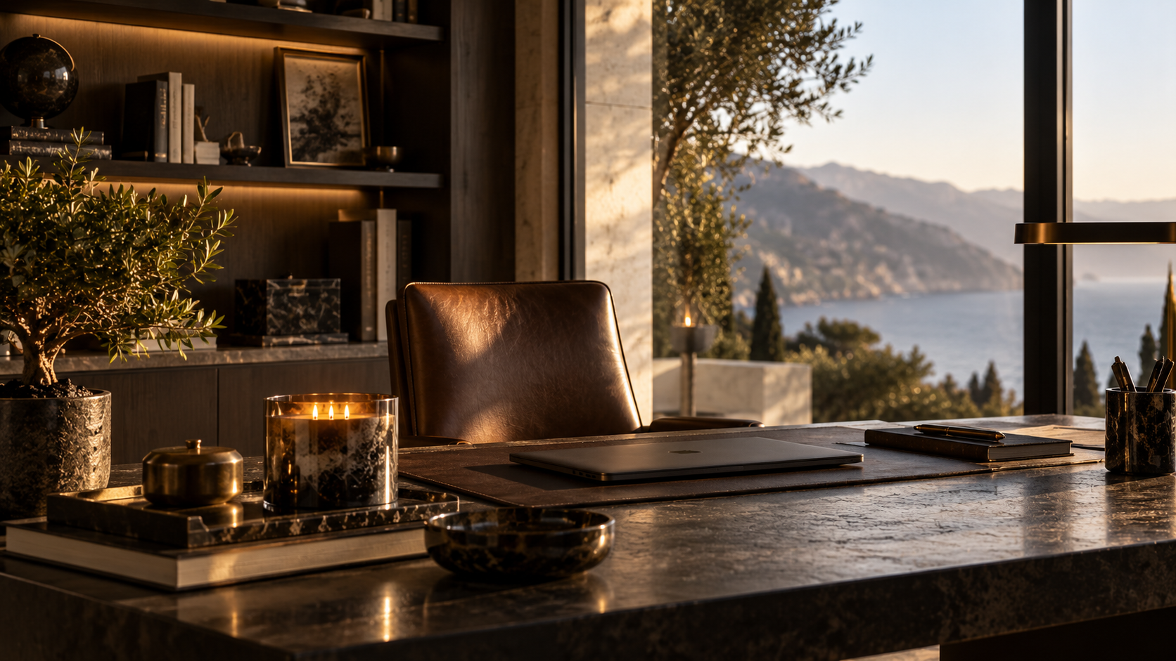 A work-space office composed for a clarity-focused fragrance register.